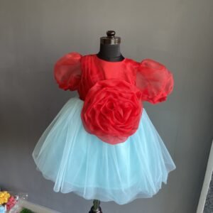 Red Organza and blue Frock for Kids with Hair band : NZD-015 - Image 1