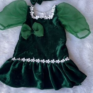 Bottle Green colour Velvet Party wear frock collection |Birthday wear frock : NZD-0010166 - Image 1