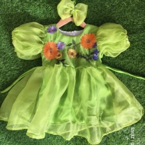Green organza frock with flowers |Birthday wear frock : NZD-0010209 - Image 1