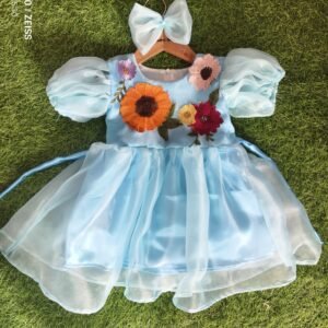 Blue organza frock with flowers |Birthday wear frock : NZD-0010210 - Image 1